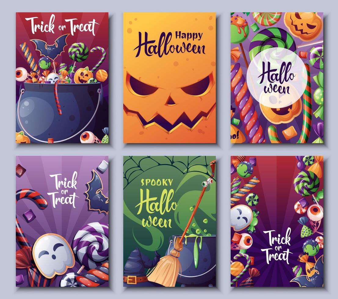 Set of greeting cards for Halloween. Trick or treat. Poster, banner with witch s cauldron and sweets. vector