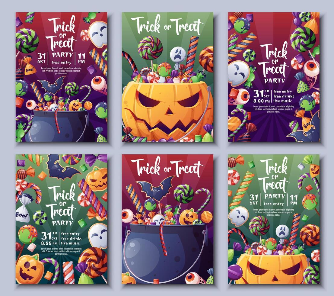 Halloween party invitation design. Trick or treat. Poster, banner with cauldron and pumpkin filled with sweets, cookies, candies vector