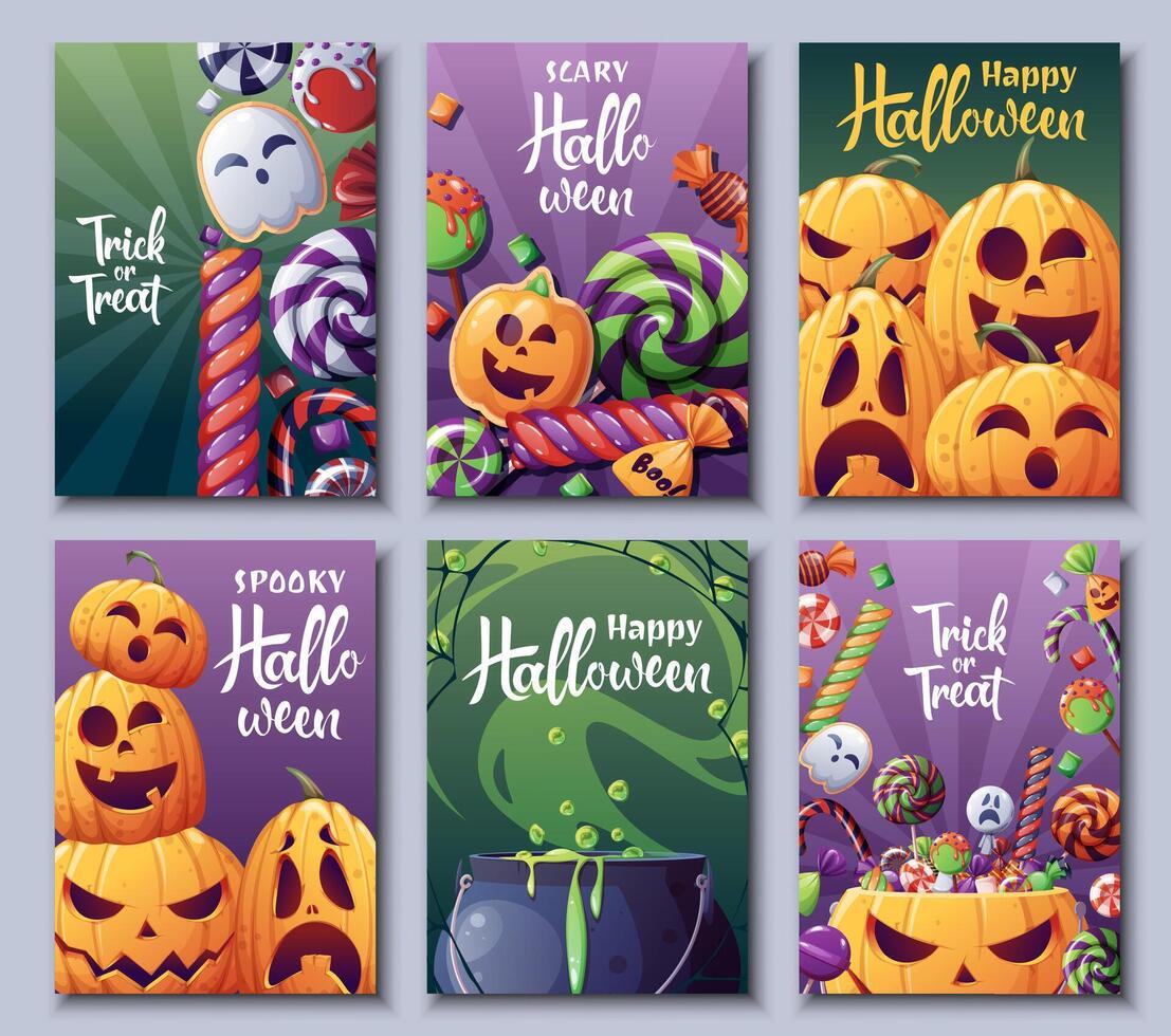 Set of greeting cards for Halloween. Trick or treat. Witch cauldron poster. Banner with funny pumpkins and sweets. vector