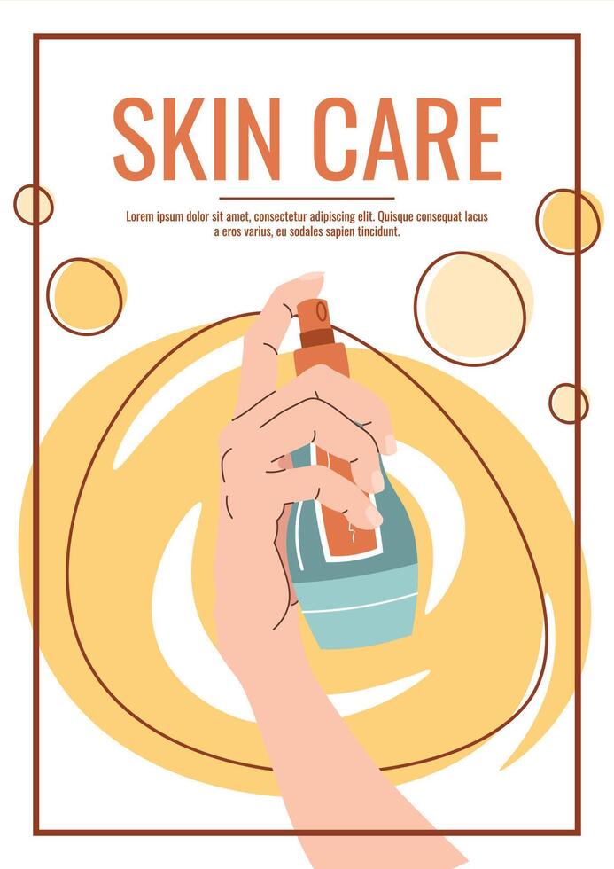 Skin care flyer design. Summer poster with hand holding sunscreen with spf. Body skin care, skin moisturizing. Banner for beauty salon, spa, etc. vector
