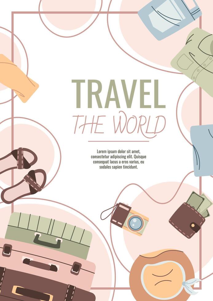 Travel flyer design. Poster with luggage and clothes. Travel around the world, summer vacation. Banner for a travel agency. vector