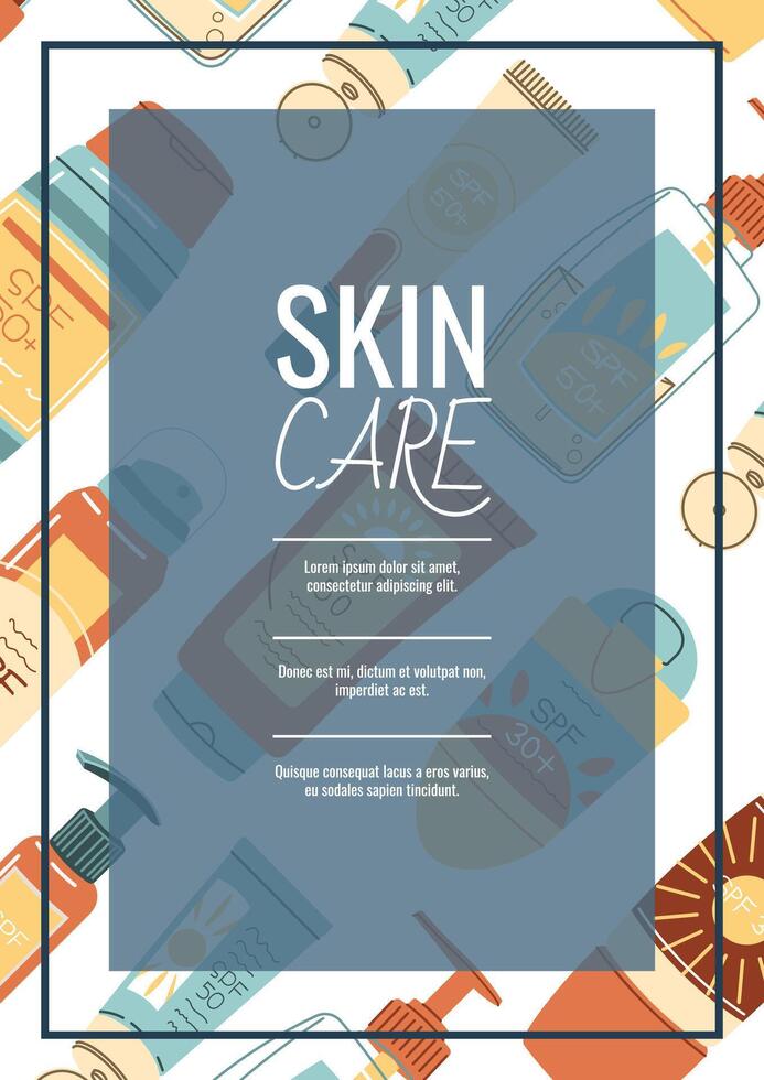 Skin care flyer design. Summer poster with sunscreen creams with spf. Body skin care, skin moisturizing. Banner for beauty salon, spa, etc. vector