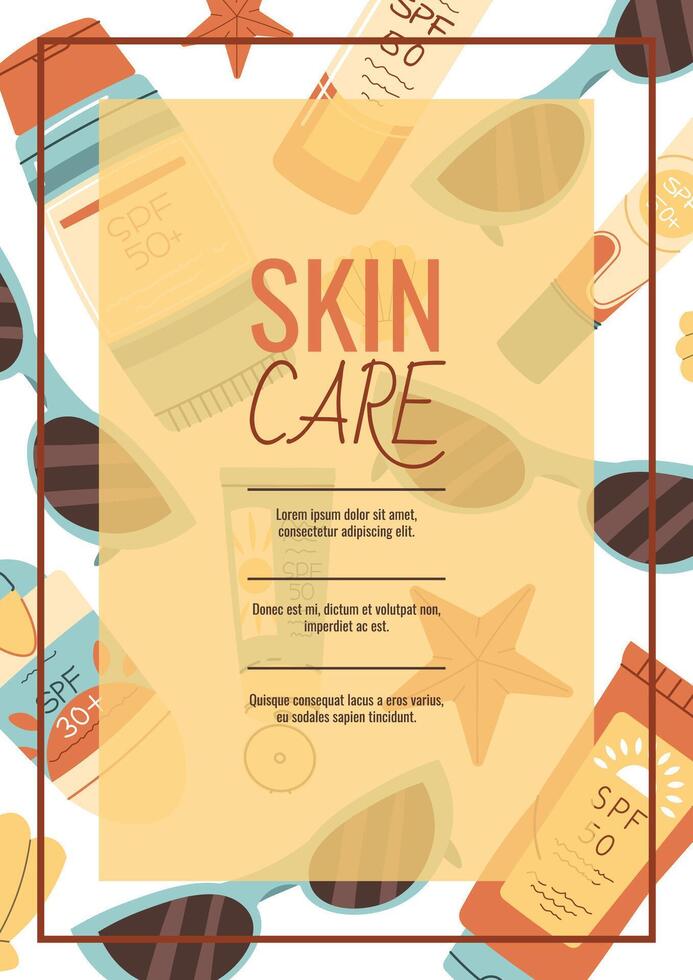 Skin care flyer design. Summer poster with sunscreen creams with spf. Body skin care, skin moisturizing. Banner for beauty salon, spa, etc. vector