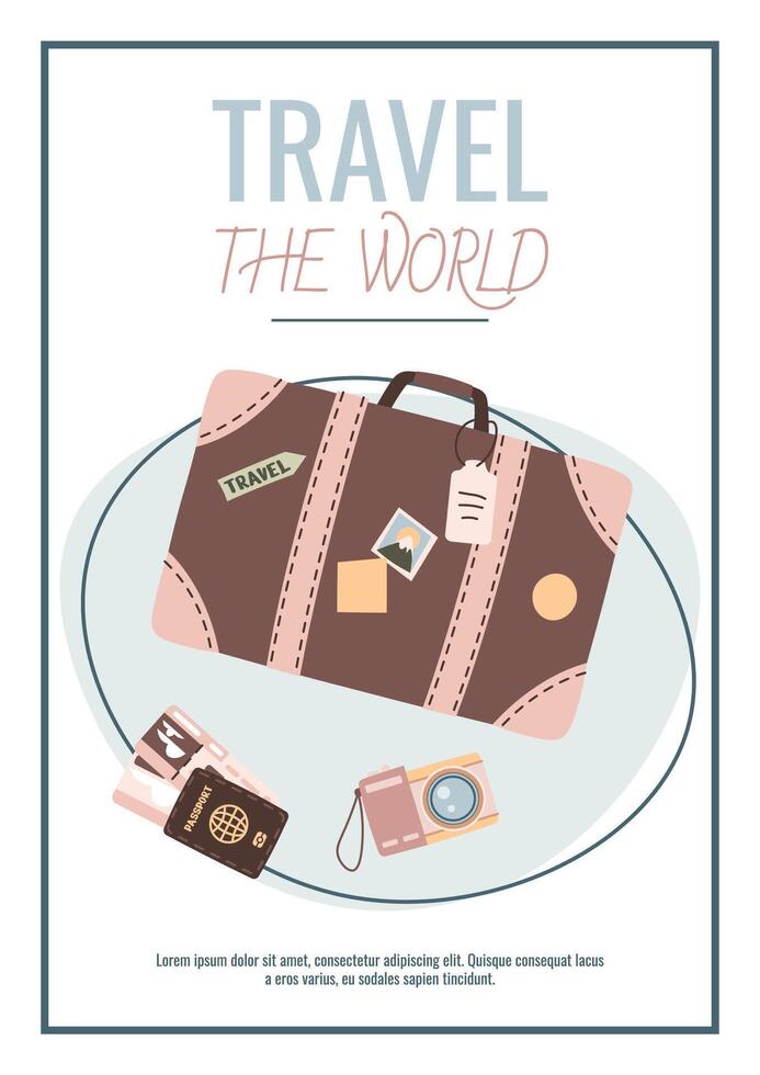 Travel flyer design. Poster with suitcase, tickets, passport and camera. Travel around the world, summer vacation. Banner for travel agency. vector