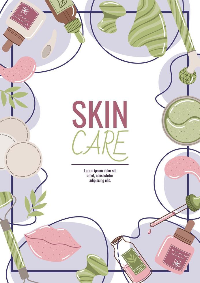 Skin care flyer design. Poster with cosmetic products, face mask, gua sha, serum. Facial skin care, skin moisturizing. Banner for beauty salon, spa, etc. vector