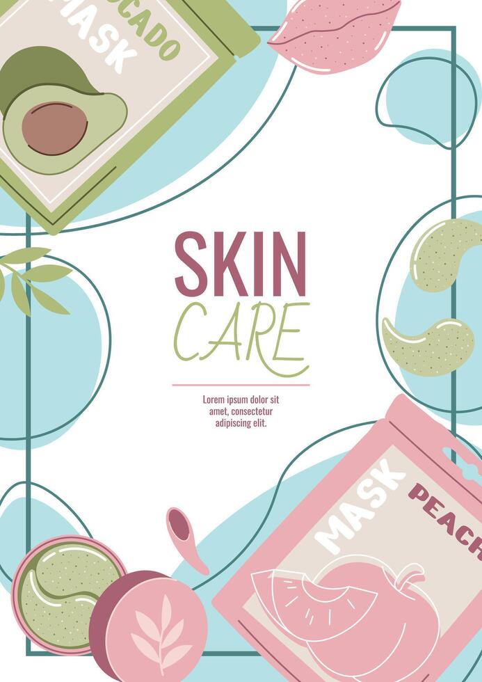 Skin care flyer design. Poster with cosmetic products, face mask, serum. Facial skin care, skin moisturizing. Banner for beauty salon, spa, etc. vector