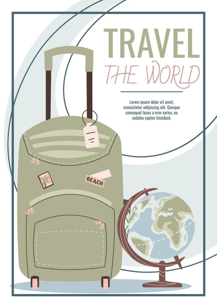 Travel flyer design. Poster with suitcase and globe. Travel around the world, summer vacation. Banner for travel agency. vector