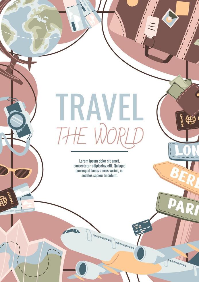Flyer design travel. Poster with bag, globe, map. Travel around the world, summer vacation. Banner for travel agency. vector