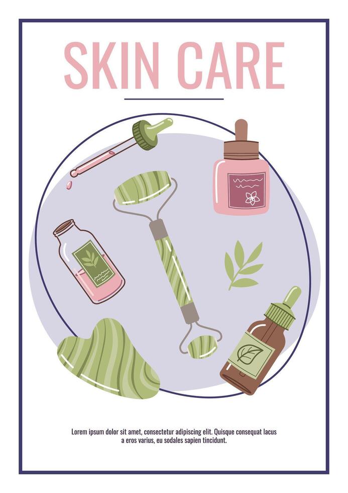 Skin care flyer design. Poster with cosmetic products, face mask, gua sha, serum. Facial skin care, skin moisturizing. Banner for beauty salon, spa, etc. vector