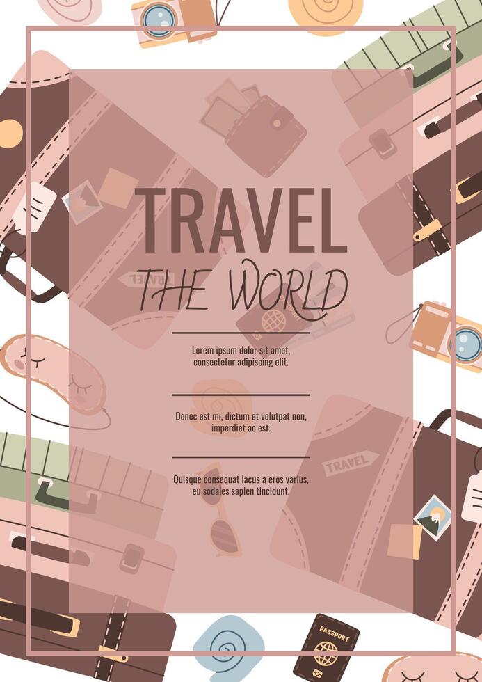 Flyer design travel. Poster with a porthole with a view of the wing of an airplane in the clouds. Travel around the world, summer vacation. Banner for a travel agency. vector
