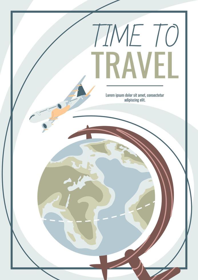Travel flyer design. Poster with globe and plane flying around. Travel around the world, summer vacation. Banner for travel agency vector