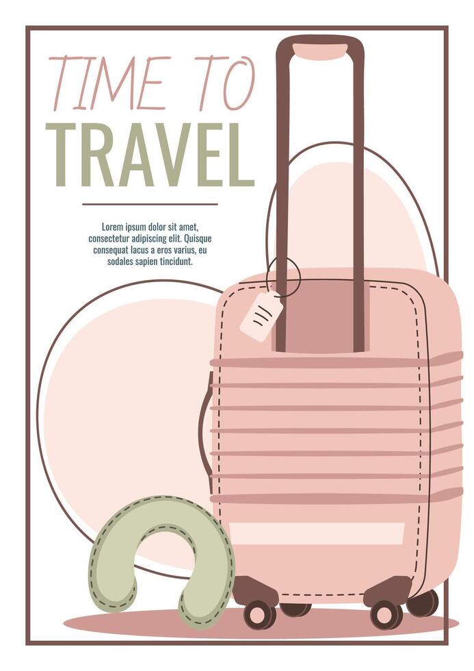 Travel flyer design. Poster with a pink suitcase. Travel around the world, summer vacation. Banner for a travel agency. vector