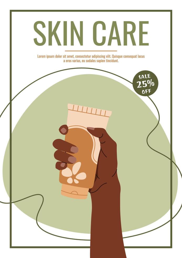 Skin care flyer design. Poster with hand holding cream. Facial skin care, skin moisturizing. Banner for beauty salon, spa, etc. vector