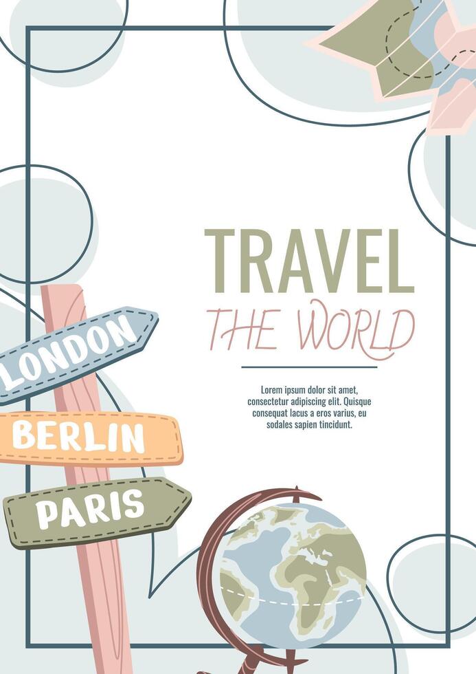 Flyer design travel. Poster with globe, map. Travel around the world, summer vacation. Banner for travel agency. vector