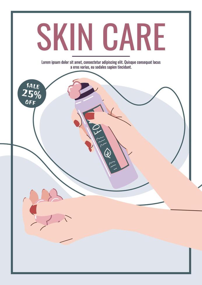 Skin care flyer design. Poster with hand holding foam. Facial skin care, skin moisturizing. Banner for beauty salon, spa, etc. vector