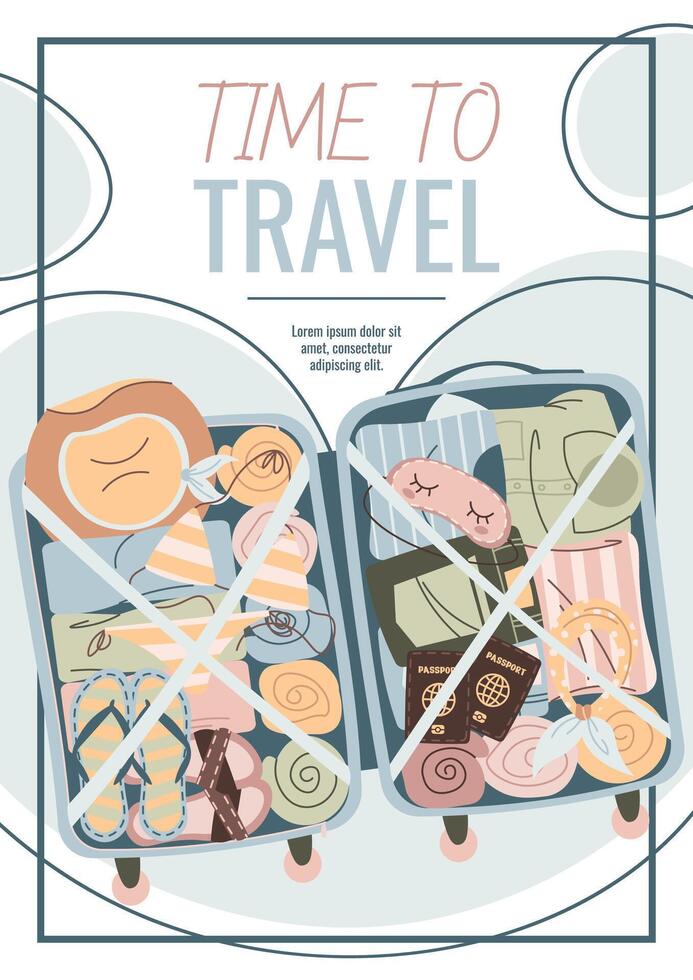 Travel flyer design. Poster with an open suitcase with clothes. Travel around the world, summer vacation. Banner for a travel agency. vector