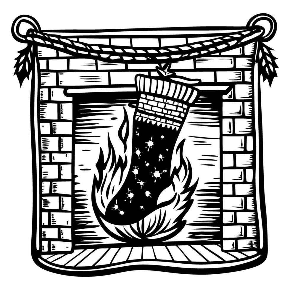 Vintage Holiday Stocking Hanging Over a Brick Fireplace with Flames Illustration vector