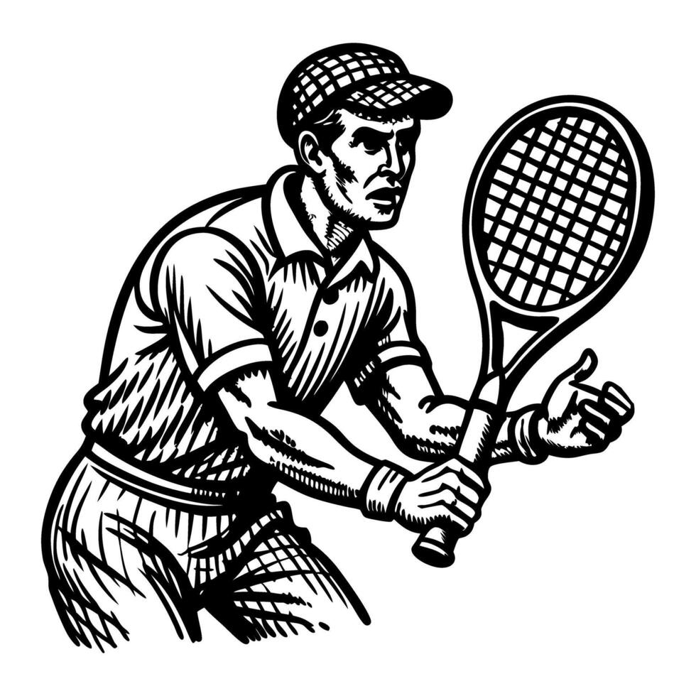 Vintage Tennis Player Illustration with Racket in Black and White vector