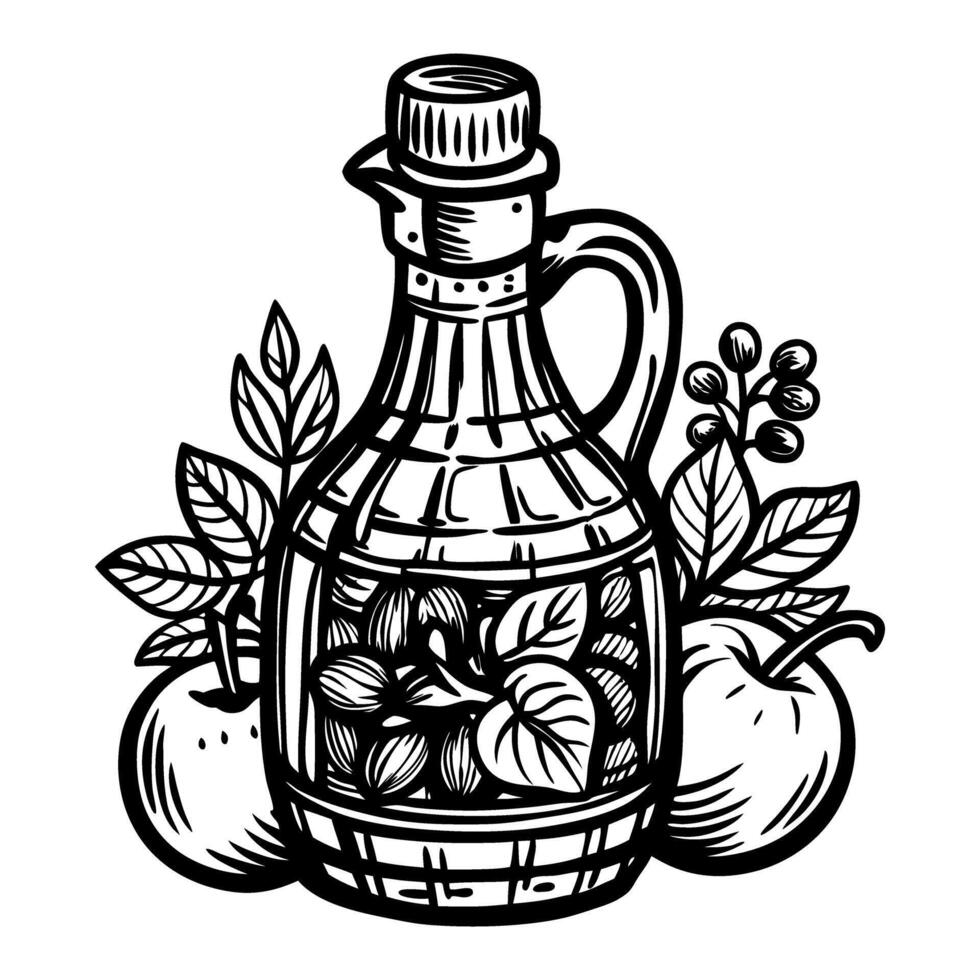 Handdrawn Vintage Olive Oil Bottle with Apples and Leaves Black and White Illustration vector
