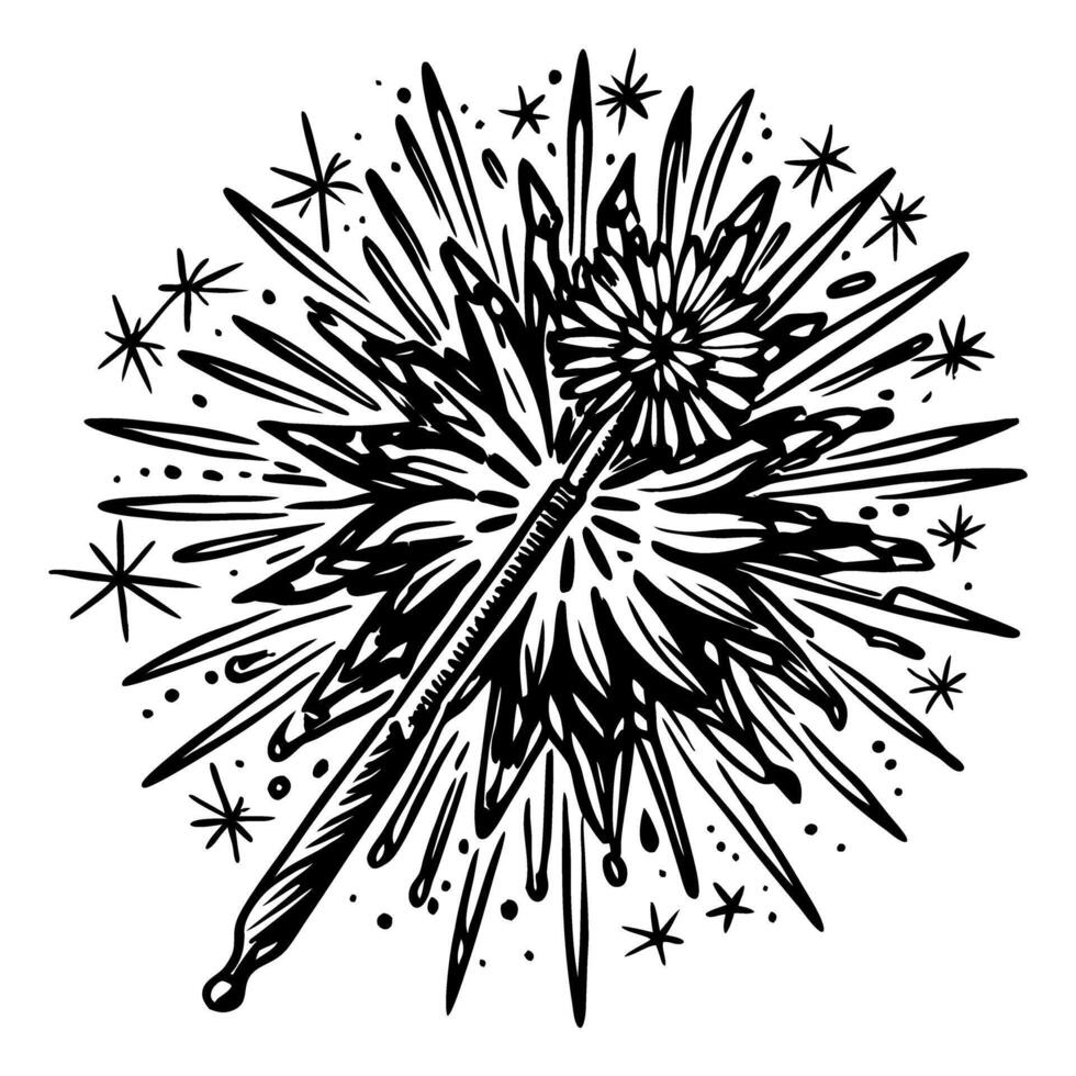 HandDrawn Magic Wand with Sparkling Starburst Explosion Illustration vector