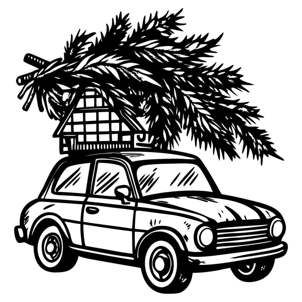 Retro Car Carrying Christmas Tree and House Illustration vector
