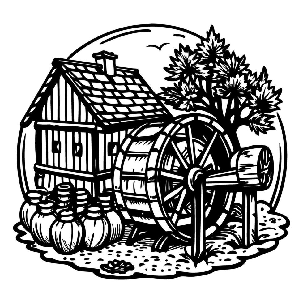 Vintage Watermill Illustration with Rustic House and Tree vector