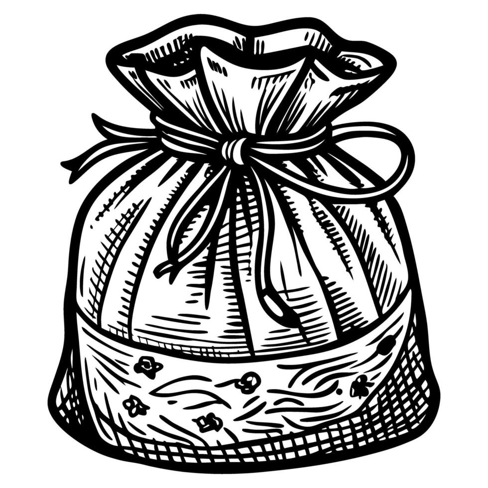 Rustic HandDrawn Sack Illustration with Drawstring and Decorative vector