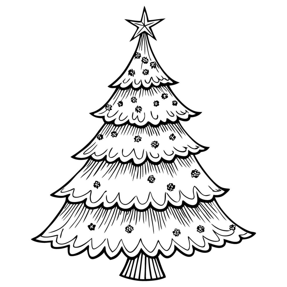 HandDrawn Christmas Tree Illustration with Ornaments and Star Topper vector