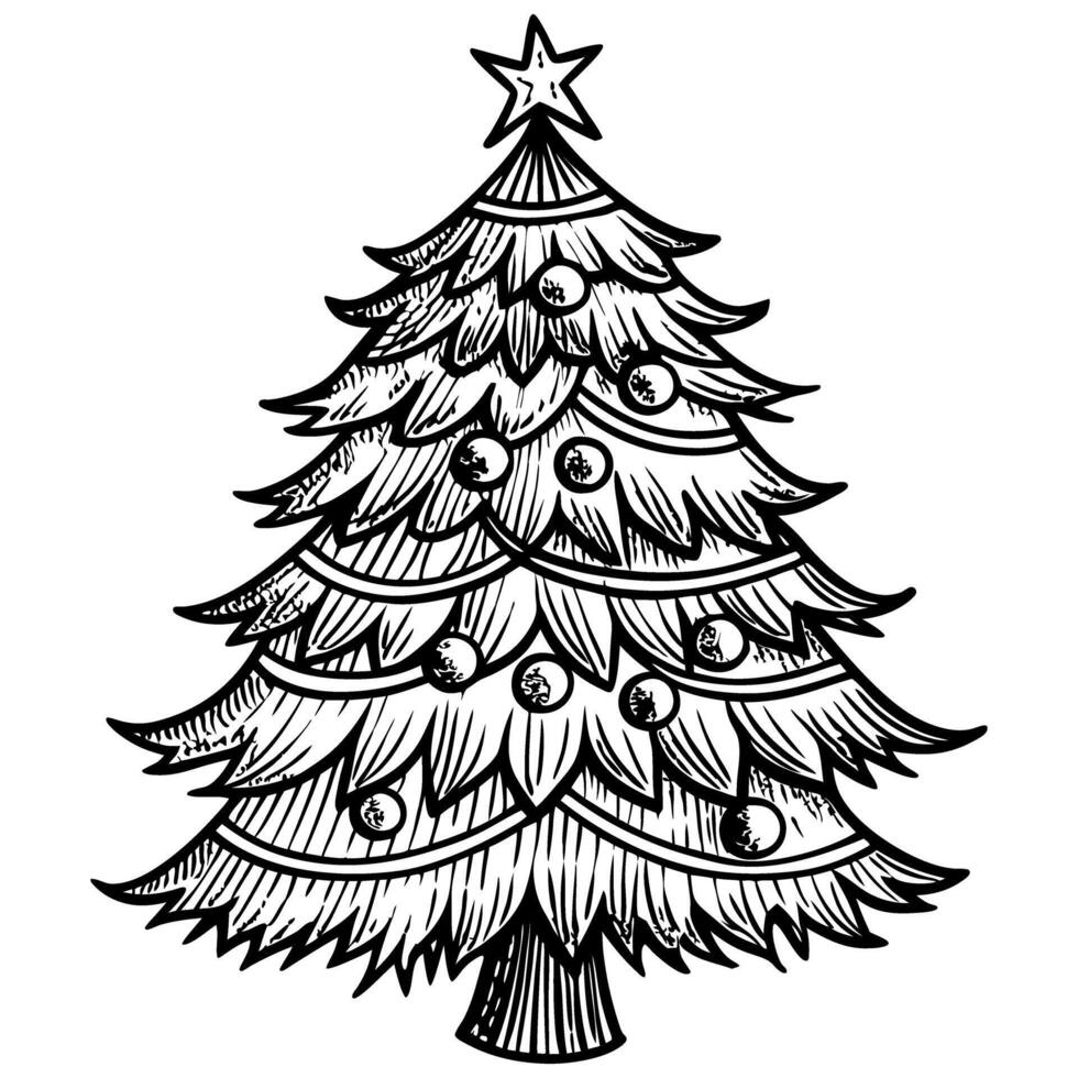 HandDrawn Christmas Tree Illustration with Ornaments and Star Topper vector