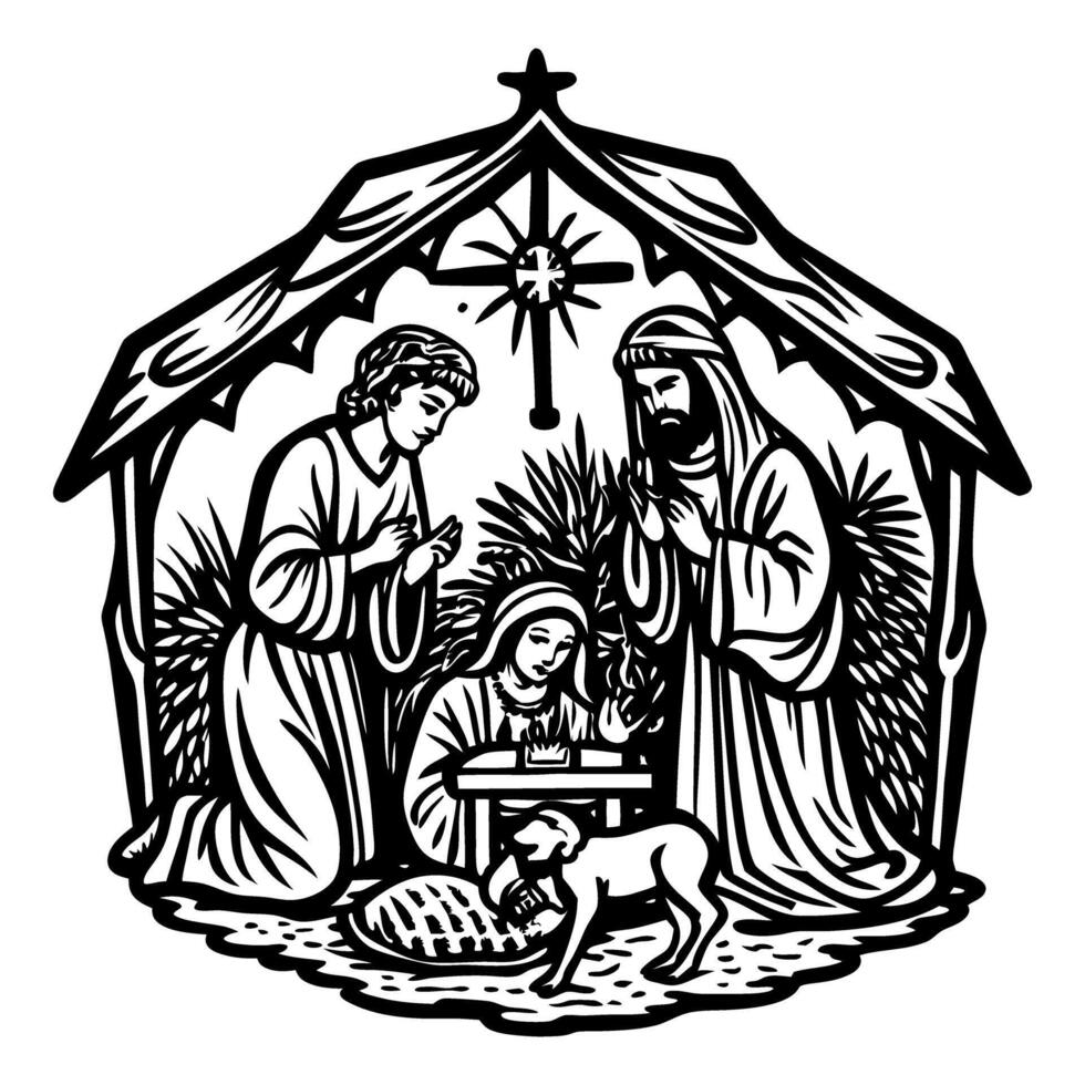 Nativity Scene Illustration with Holy Family in Manger vector