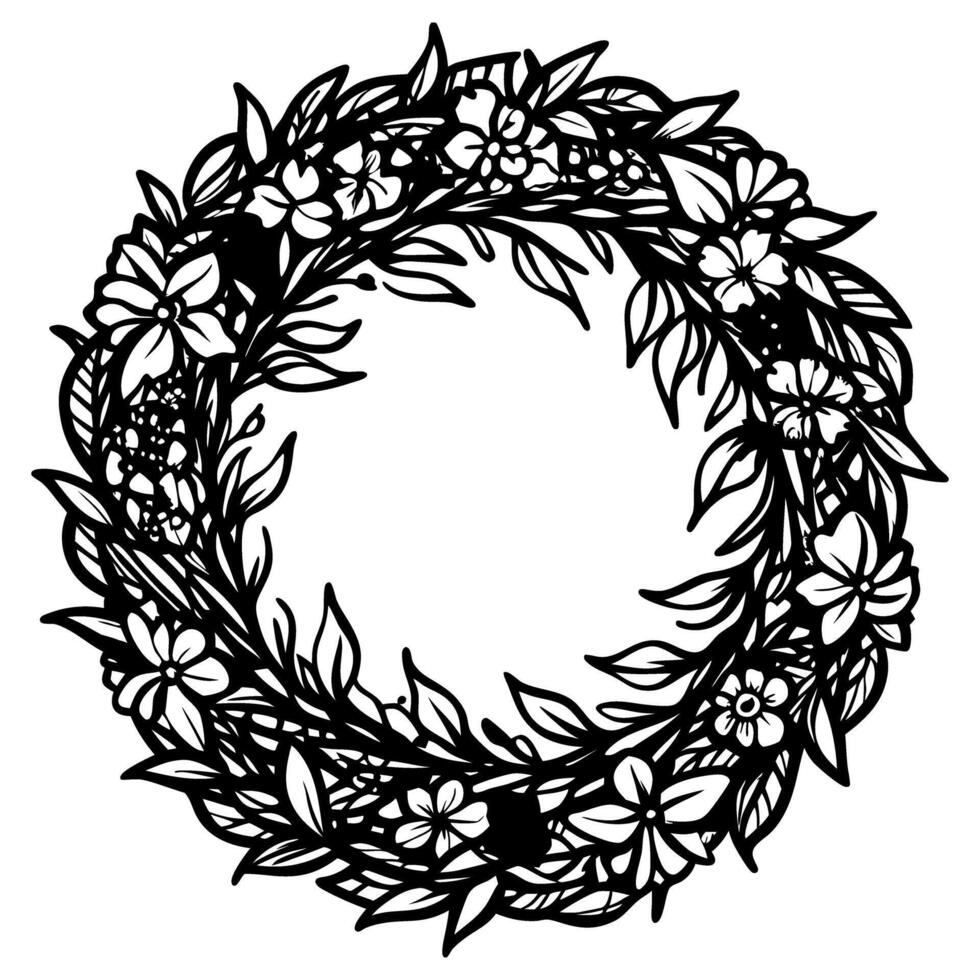 Black and White Floral Wreath Illustration with Intricate Leaf and Flower Design vector