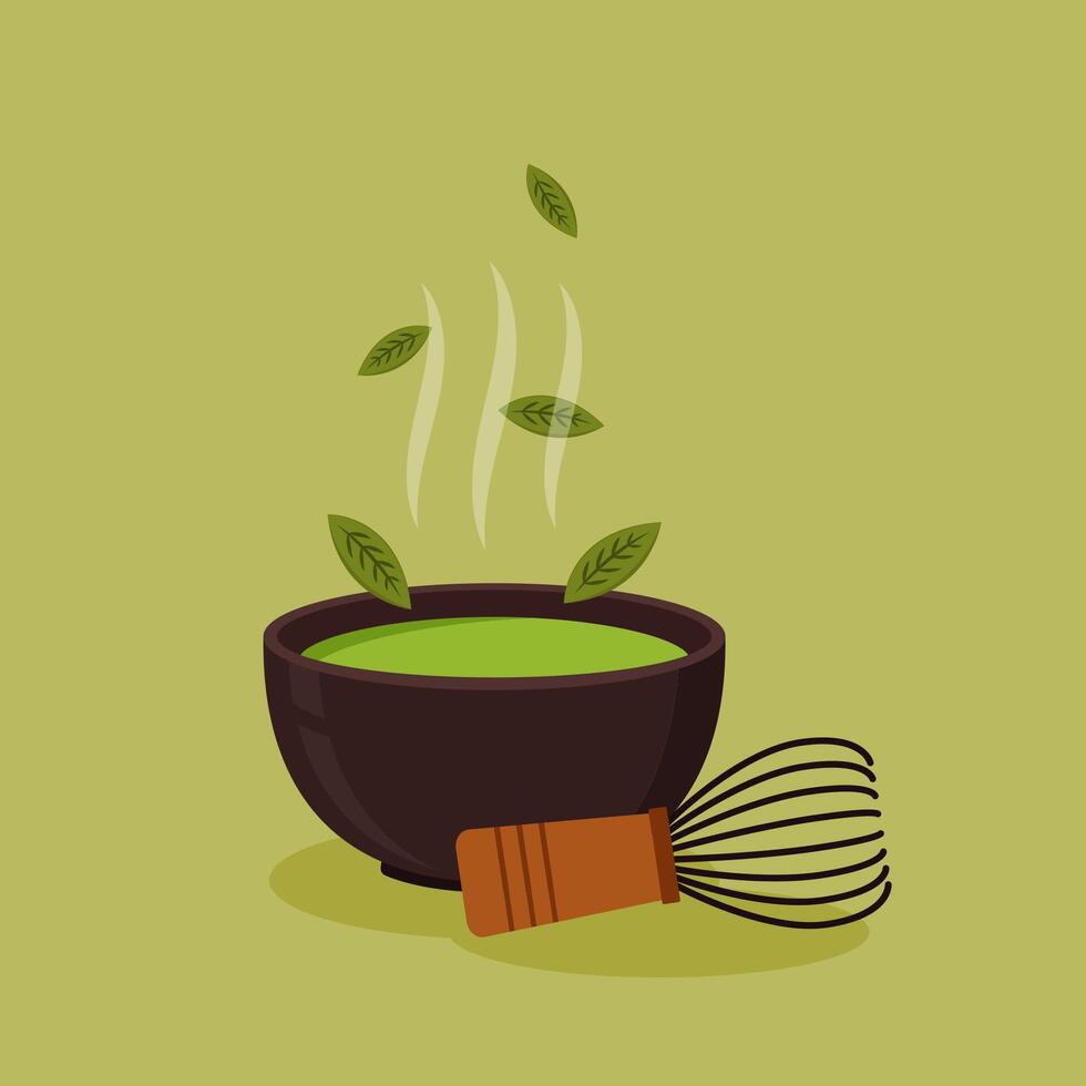 Green tea cup . wallpaper. free space for text. Matcha tea whisk. vector