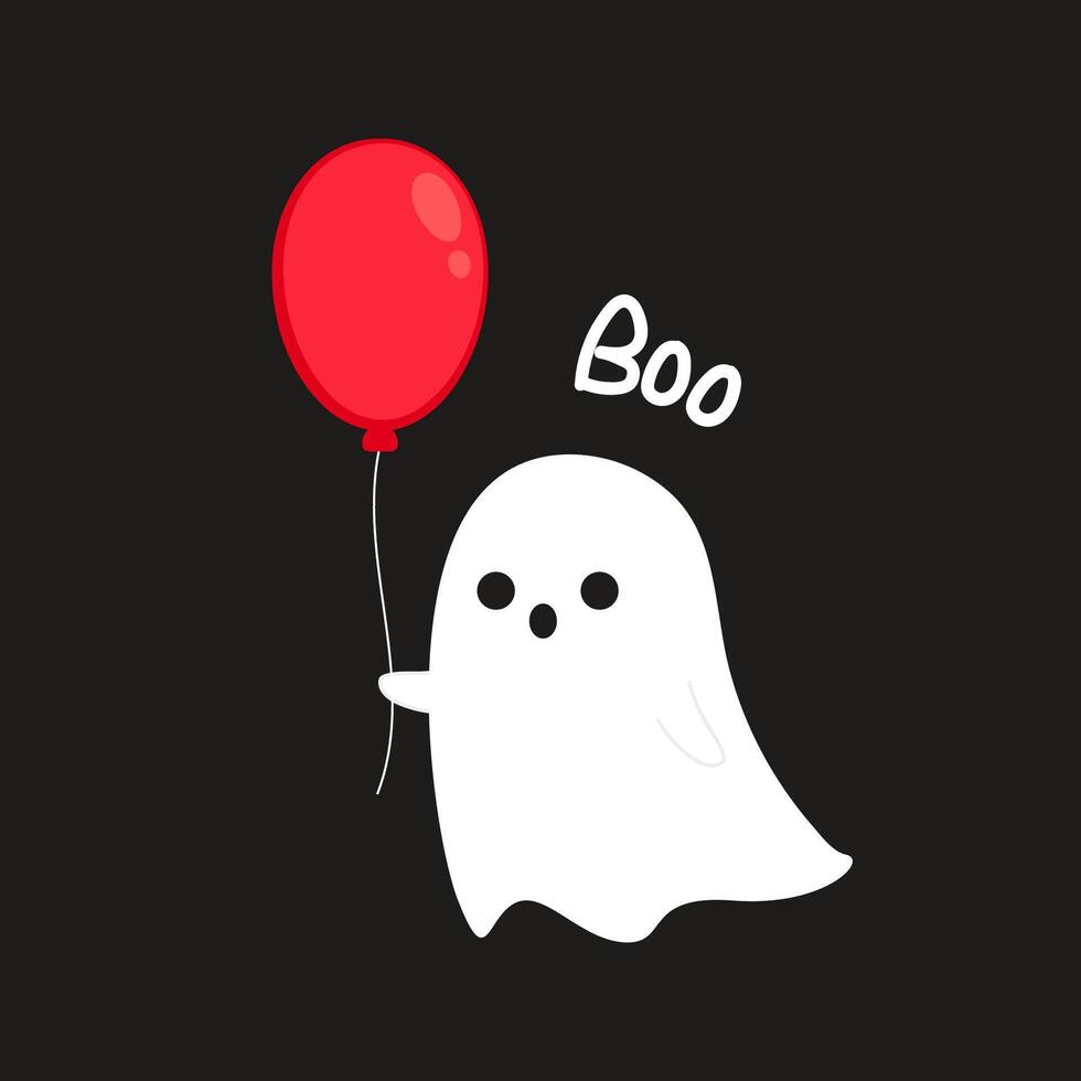 Cute ghost floating with Halloween pumpkin basket for Trick or Treat. Funny spooky boo character. Spook phantom with happy smiling face expression. Isolated kids flat illustration. vector