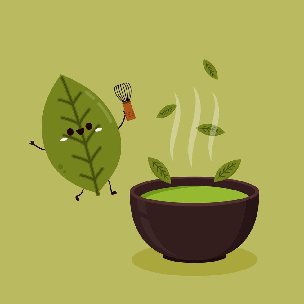 Tea leaves character. tea leaves on Green background. wallpaper. Matcha character design. vector