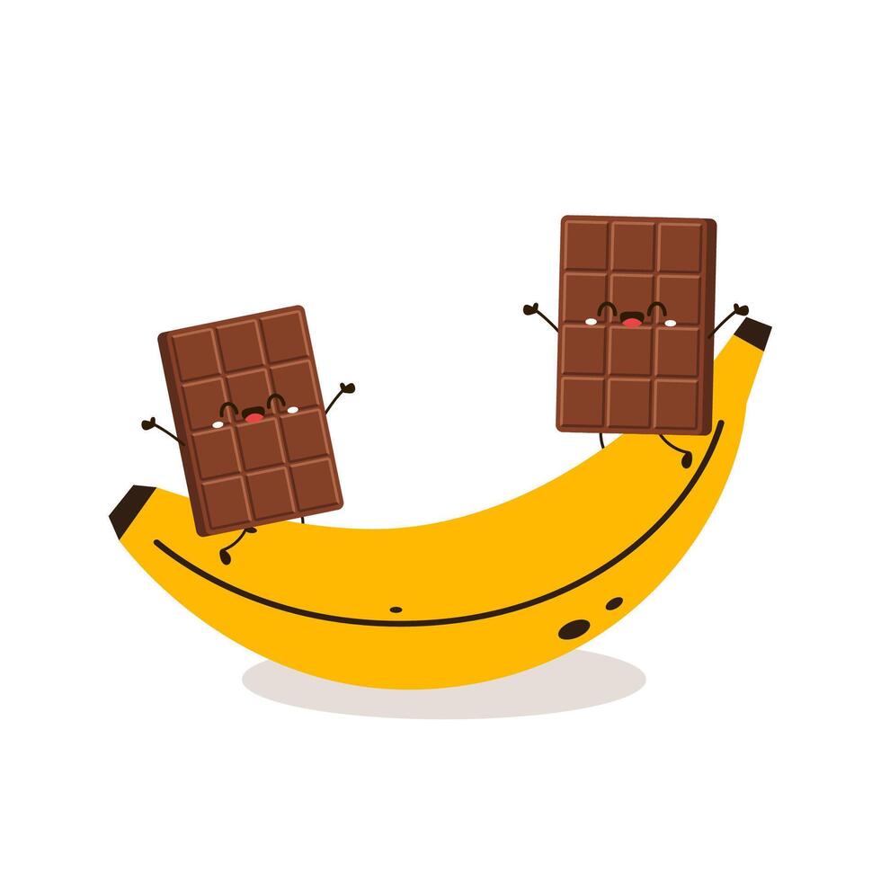 Cute and funny chocolate bar character. Chocolate mascot. Chocolate and Banana . vector