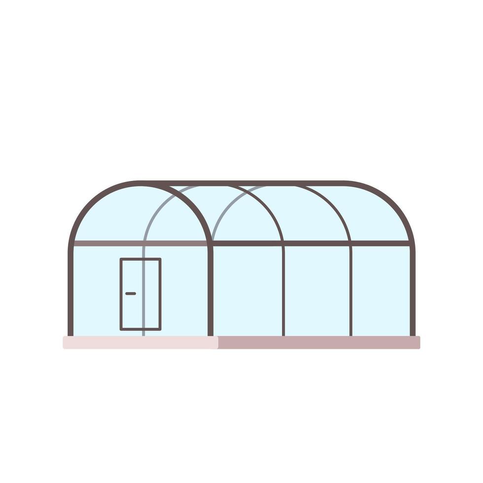 Greenhouse . Greenhouse with glass walls, foundations and gable roof, side view. Horticultural Conservatory for growing vegetables and flowers. vector