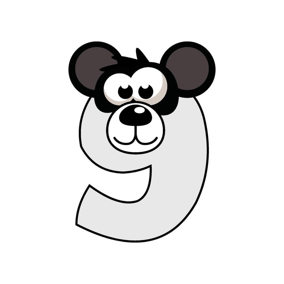 Cartoon Panda number 9, figure Nine. Cartoon of number with a animal concept. Calligraphy, lettering, typography for your Education cards or game vector