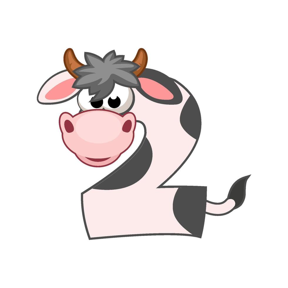 Cartoon cow number 2, figure Two. Cartoon of number with a animal concept. Calligraphy, lettering, typography for your Education cards or game vector