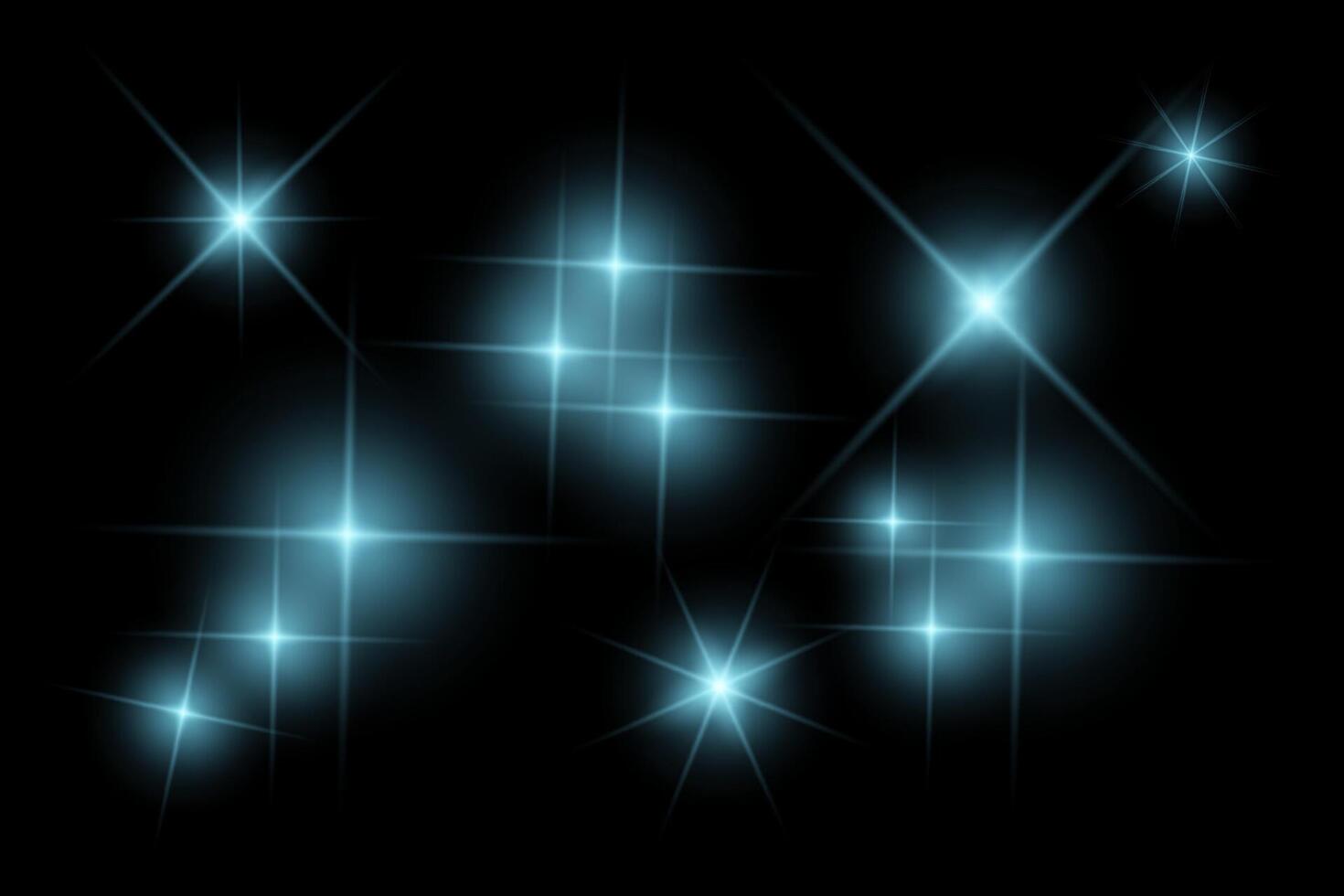 blue sparkle lights, flashing lights, sunlight lens flare, glowing ray beams, sparkling starsicon on black background. vector