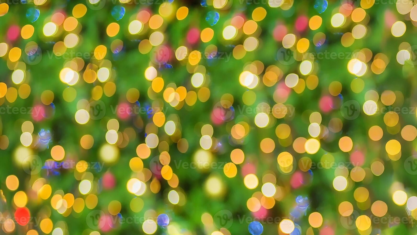 Christmas lights in bokeh outside in december Snow and bokeh in blue yellow and other colors on green Christmas pine background modern technology. photo