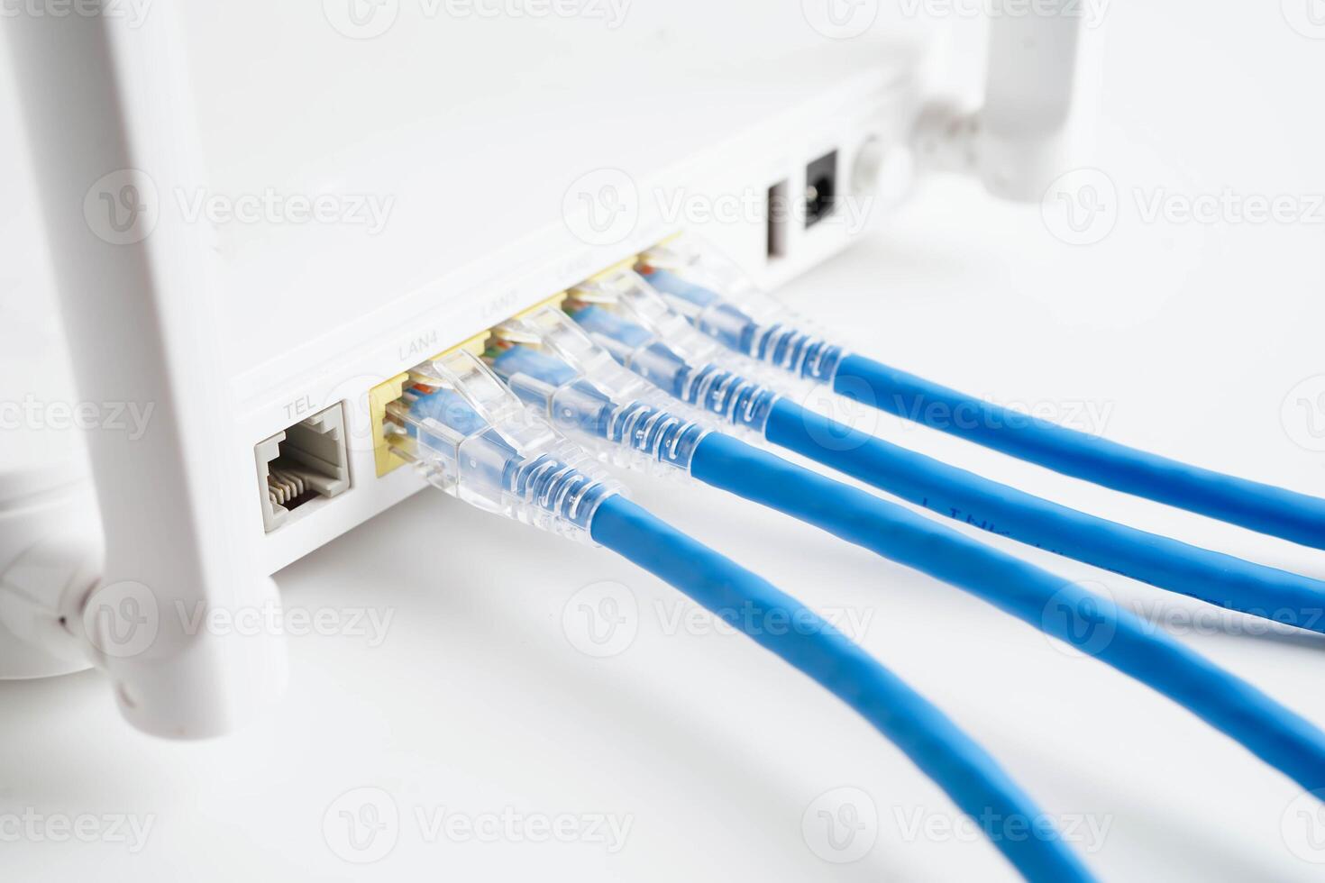 Ethernet cable with wireless router connect to internet service provider network. photo