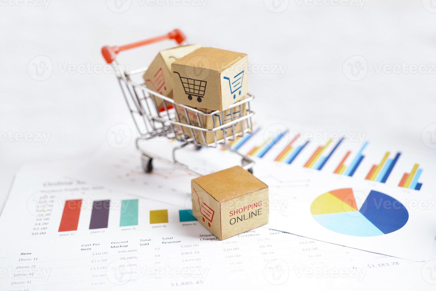Online shopping, Shopping cart box on business graph, import export, finance commerce. photo