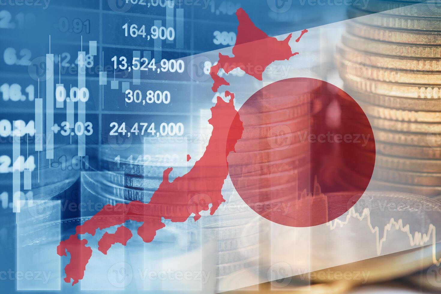 Japan flag with stock market finance, economy trend graph digital technology. photo