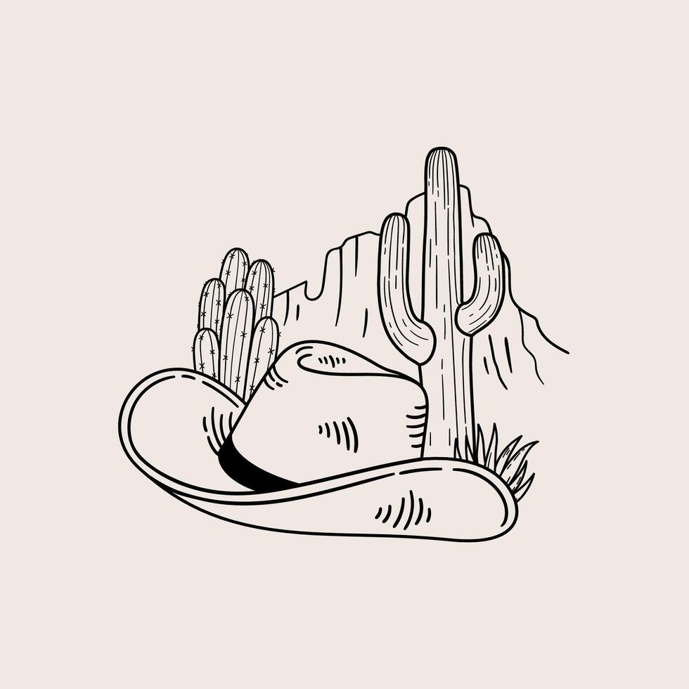 Cowboy hat with desert cacti. Hand drawn illustration card in sketch style. vector