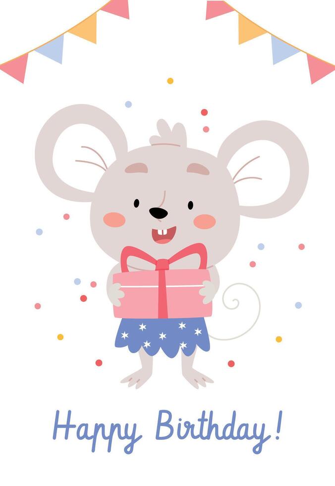 Children's birthday card or poster. Mouse holding a gift. Confetti. vector