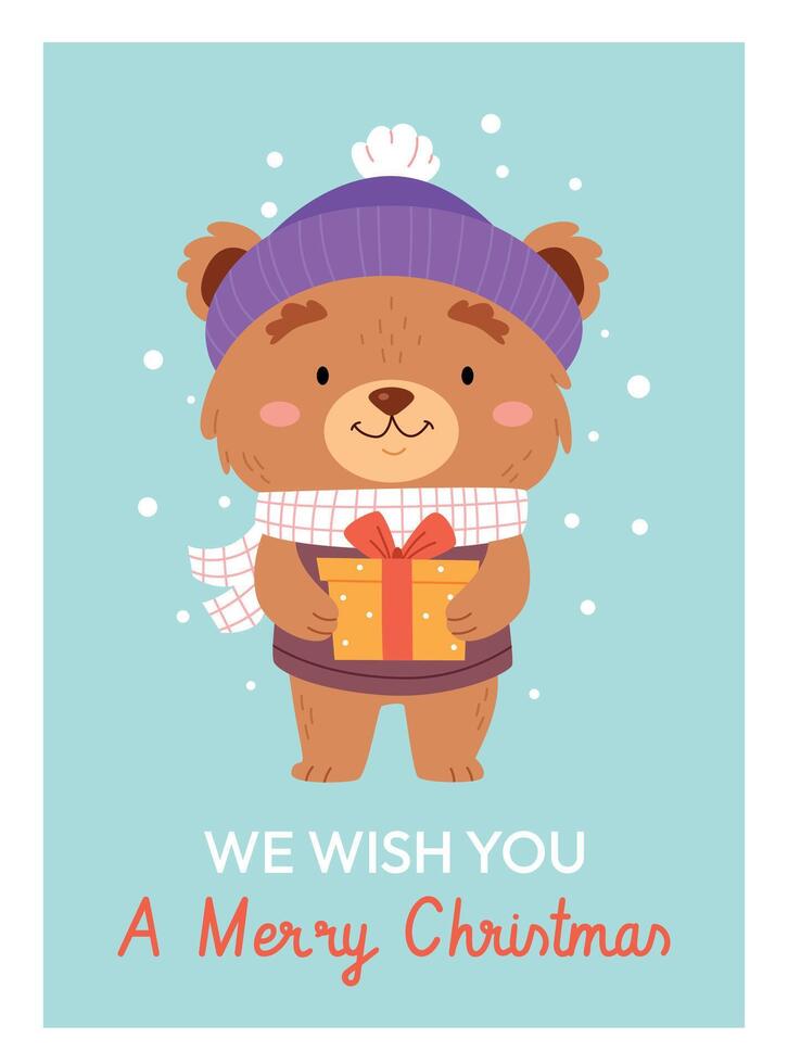 New Year's poster or card. Bear holding a gift. Snow.Cute character bear wearing hat and scarf holding present. vector