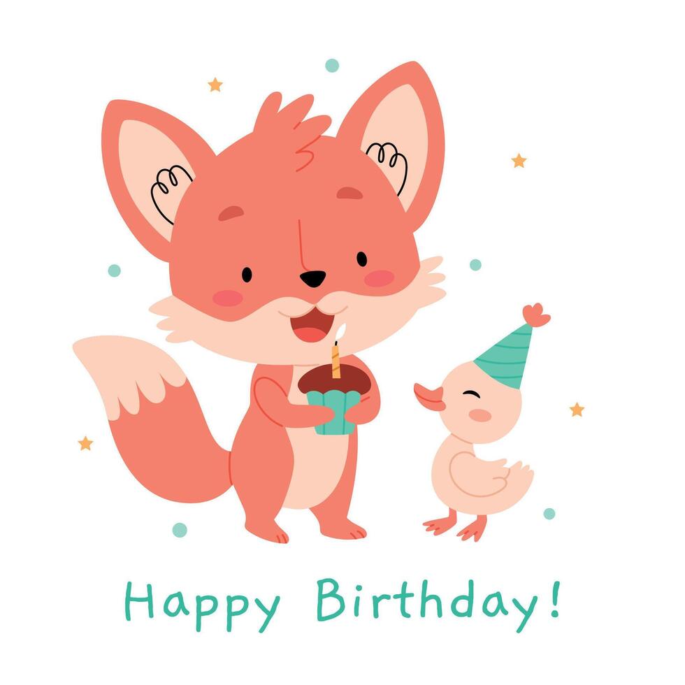 Birthday card. Children's characters fox and duck blow out a candle on a cupcake. vector
