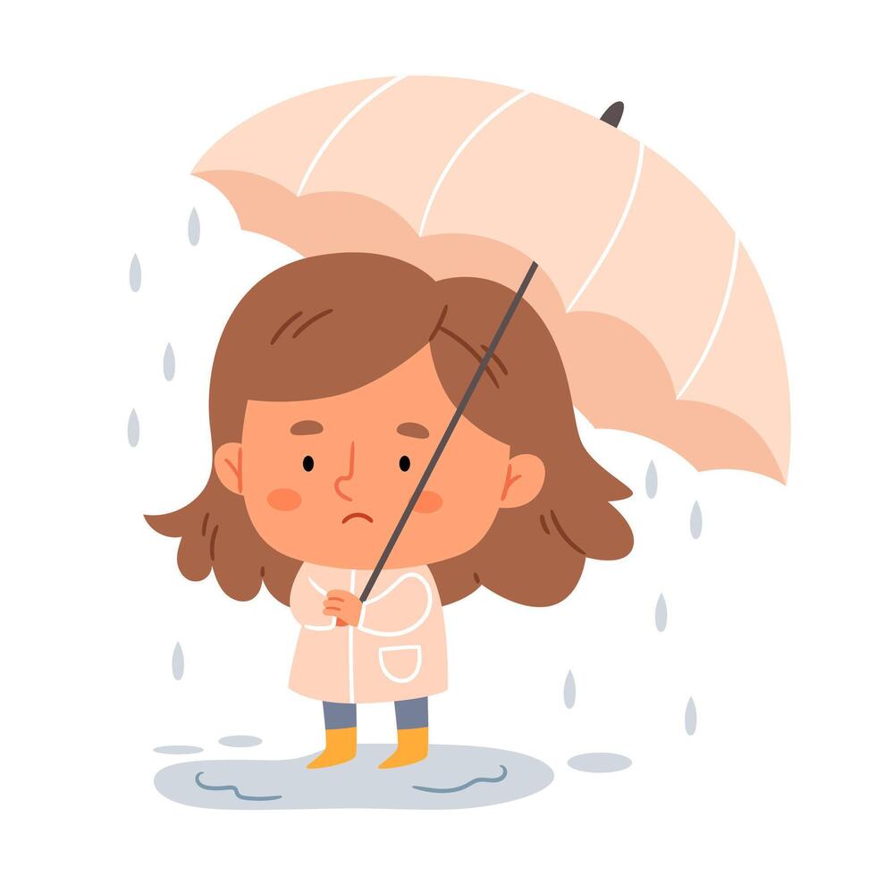 Cartoon sad girl with an umbrella in the rain.Sad girl is in a stressful state. vector