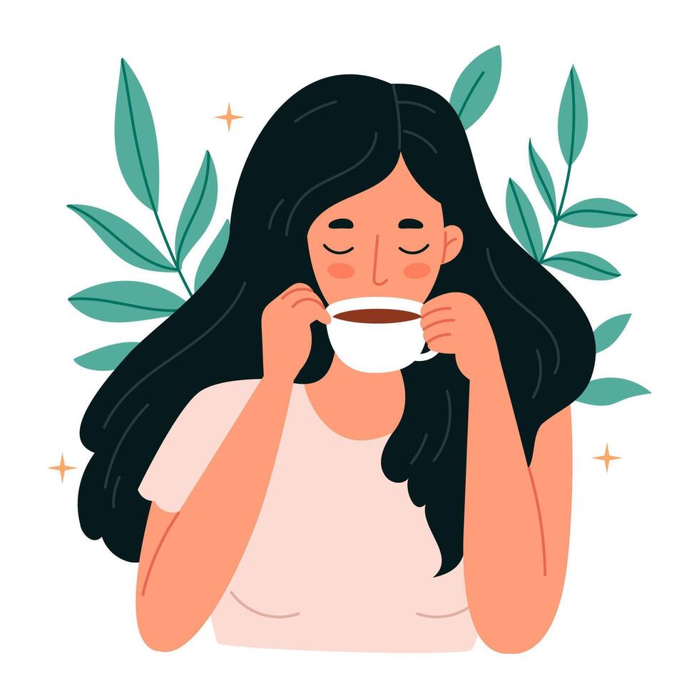A brunette girl drinks coffee on a background of leaves.Trendy flat character girl with a cup of coffee or tea relaxing on the leaves background. vector