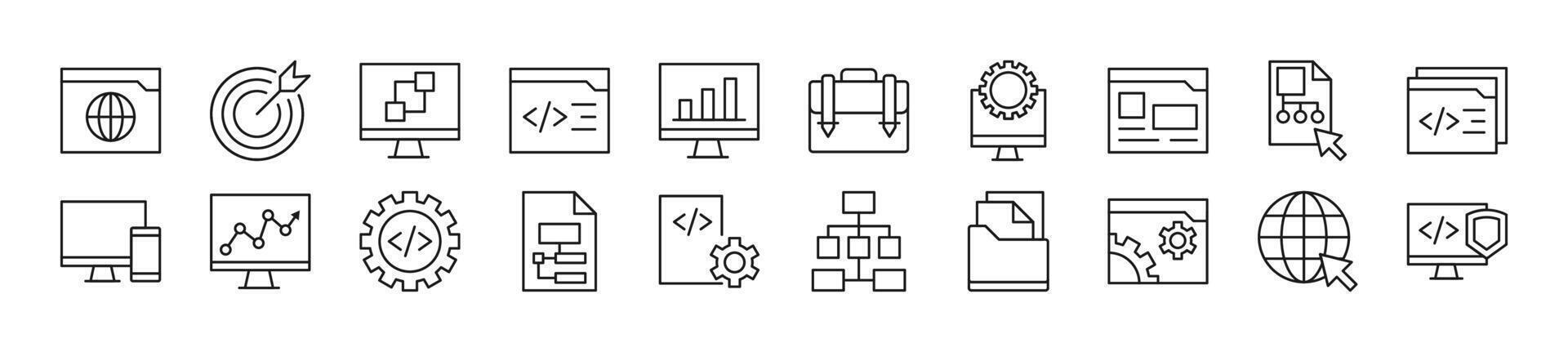 Collection of outline symbol of programming. Editable stroke. Simple linear illustration for stores, shops, banners, design vector